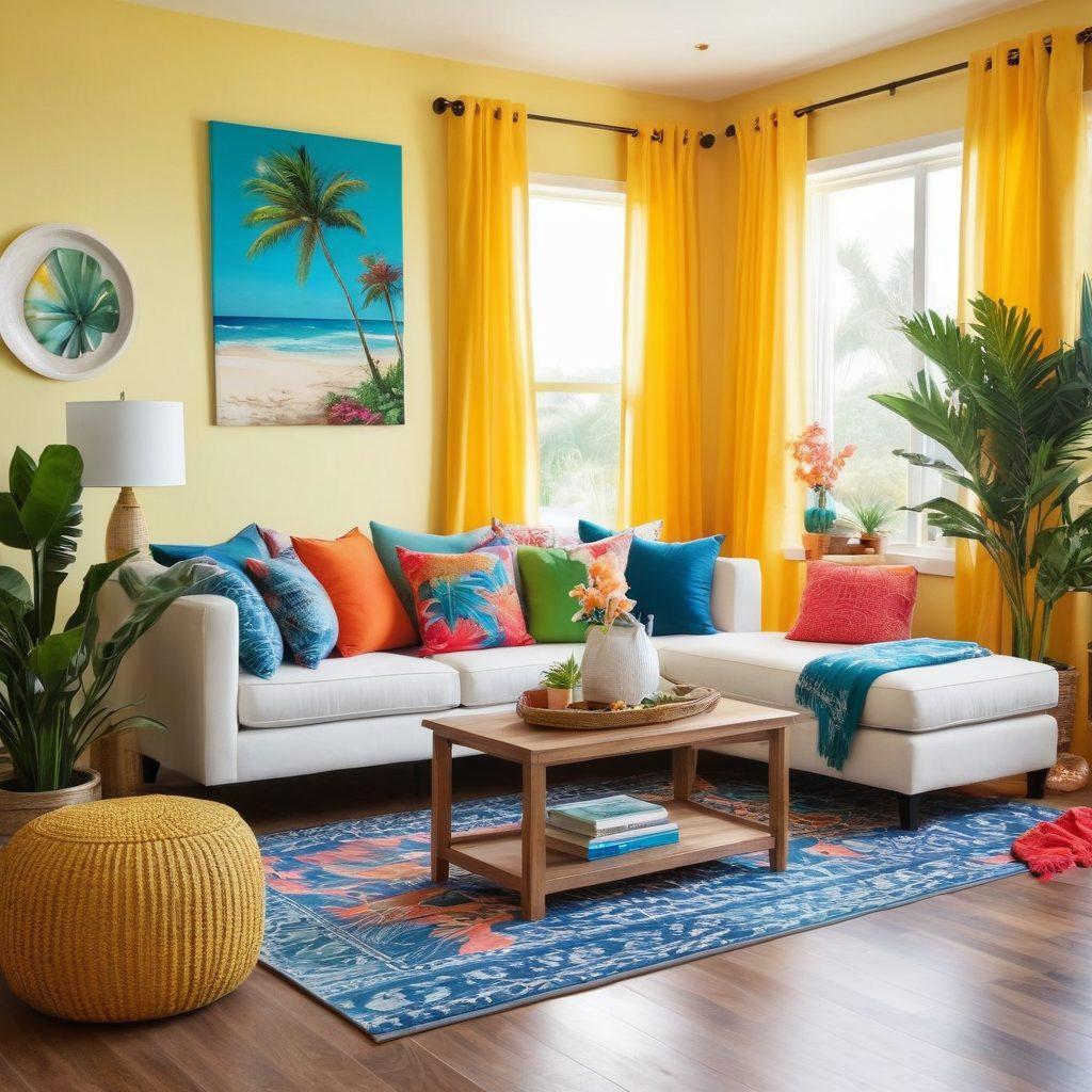 A stylish living room featuring vibrant bikini-style aesthetics, with playful beach-themed decor, colorful throw pillows, and chic wall art inspired by tropical vibes. Include a cozy seating area, bright curtains letting in sunlight, and decorative plants to create a lively atmosphere. Capture a sense of fun and relaxation, inviting viewers into this embellished paradise. super-realistic. vibrant colors. bright background.