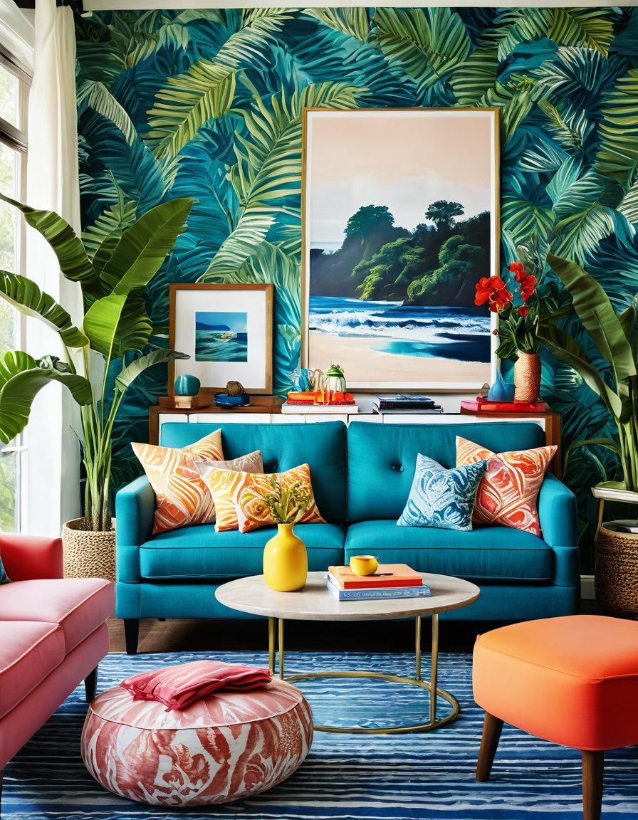 A colorful living room showcasing vibrant furnishings inspired by swimwear patterns and colors, with playful accents like beach towels and tropical plants. Include textures reminiscent of ocean waves and sunny skies to enhance the transformative atmosphere. The scene should evoke a fresh summer vibe, blending elegance with a touch of whimsy. bright colors. super-realistic. airy background.