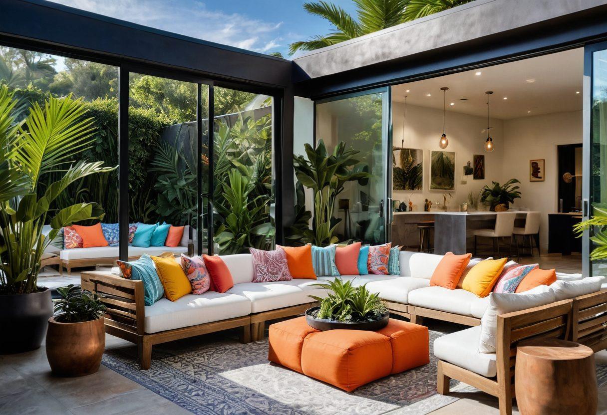 A stunning fusion of outdoor and indoor aesthetics, featuring a beautifully designed living space with large glass doors opening to a tropical patio. The room is adorned with chic bikini-inspired decor elements, like vibrant colorful cushions and exotic plants, exuding elegance and relaxation. Soft sunlight streams through, highlighting textures and colors that reflect a beachy vibe. Evoke a sense of summer and style. super-realistic. vibrant colors. modern design.